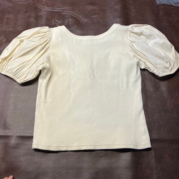 &Merci Cream Puff Sleeve Top M Henley Rib Knit Stretch Romantic Cottagecore - Picture 11 of 13